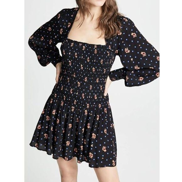 Free People Two Faces Black Smocked Mini Dress Boho Floral Romantic Size S - Picture 1 of 7